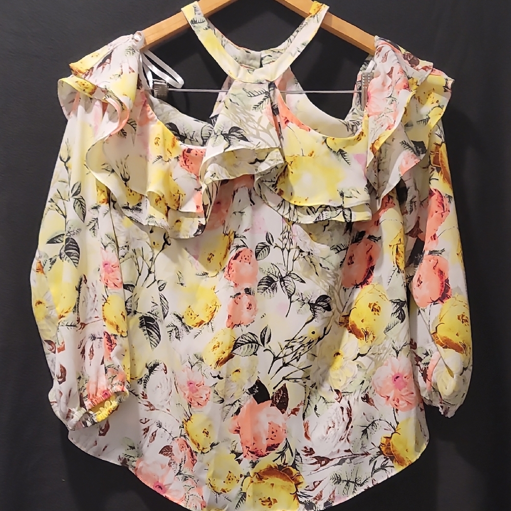 INC International Concepts Yellow and Pink Floral Ruffle Top
